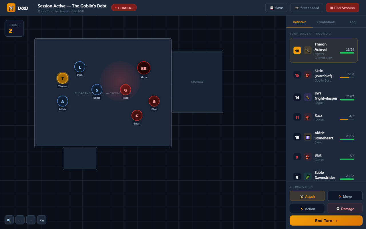Live combat session with map and tokens