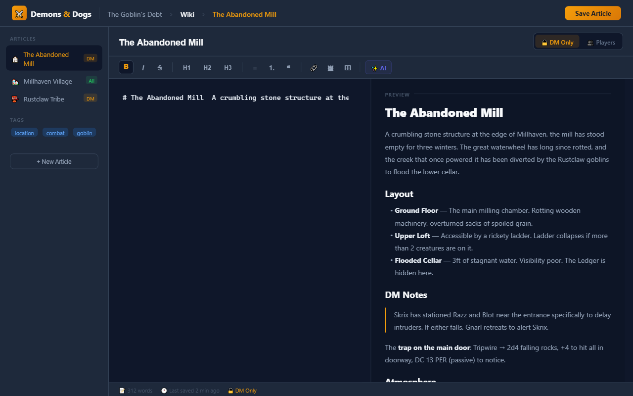 Wiki article editor with markdown