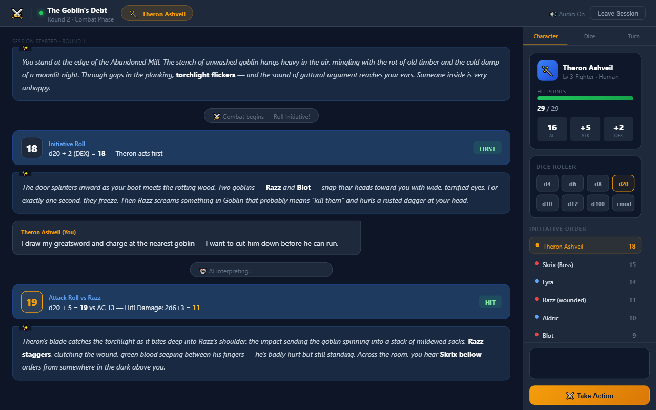 Player session view with narration and combat