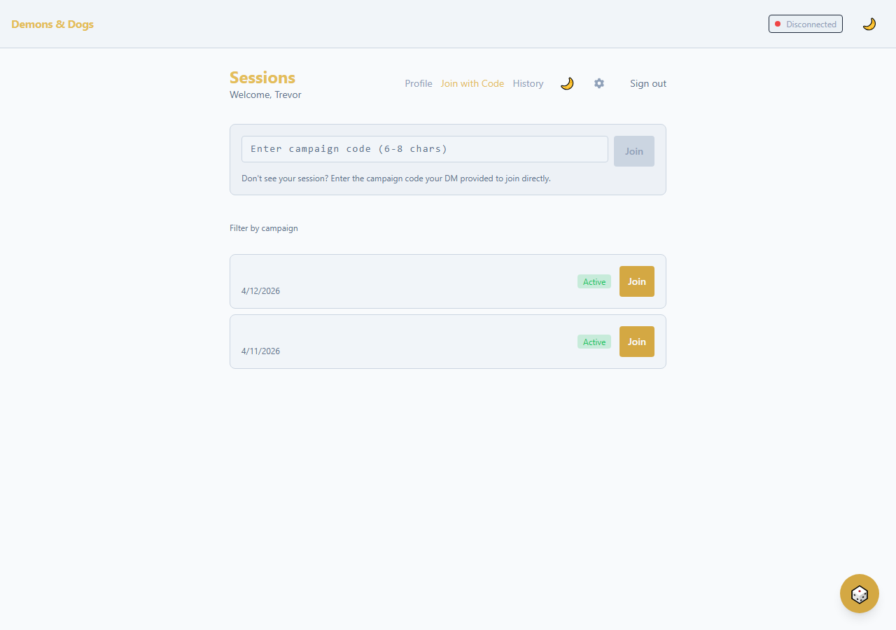 Player app session lobby with active campaigns